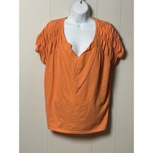 Pilcro Anthropologie Women's Orange Cotton Slub Ruched Shoulder V-Neck Top Sz M